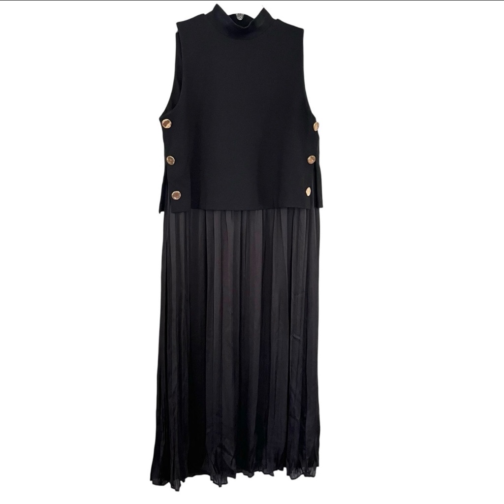 Zara Elegant Black Sleeveless Dress With Gold Button Accents New With Tags